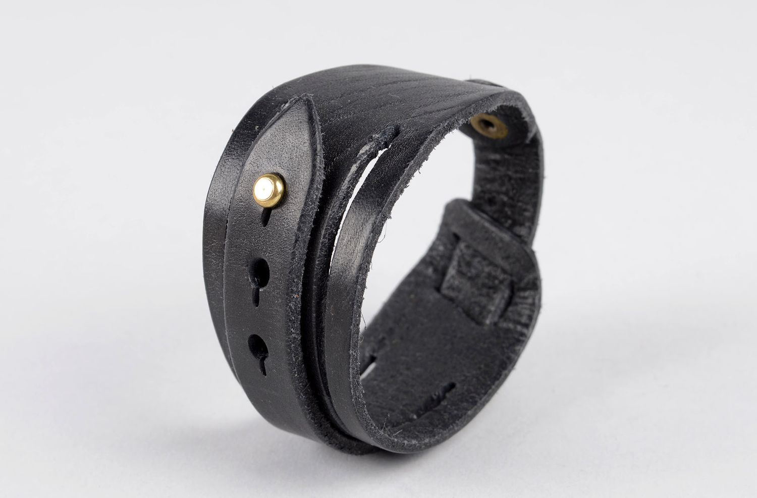 Bracelet en cuir noir Bijou fait main large unisexe design Cadeau original photo 3
