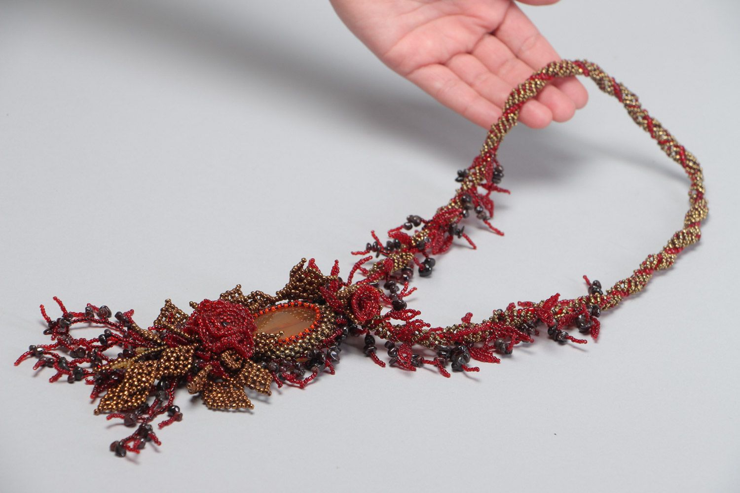 Handmade dark red floral necklace woven of seed beads and natural stones  photo 5