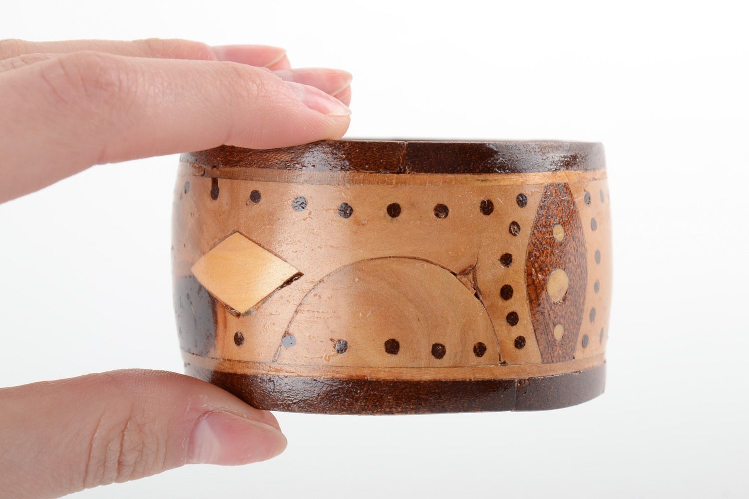 Massive broad wooden handmade wrist bracelet decorated with intarsia for women  photo 5