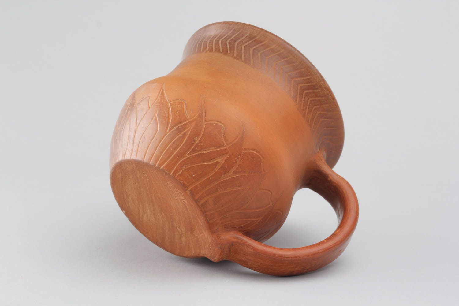 Terracotta color Mexican style clay cup with handle and rustic pattern photo 5