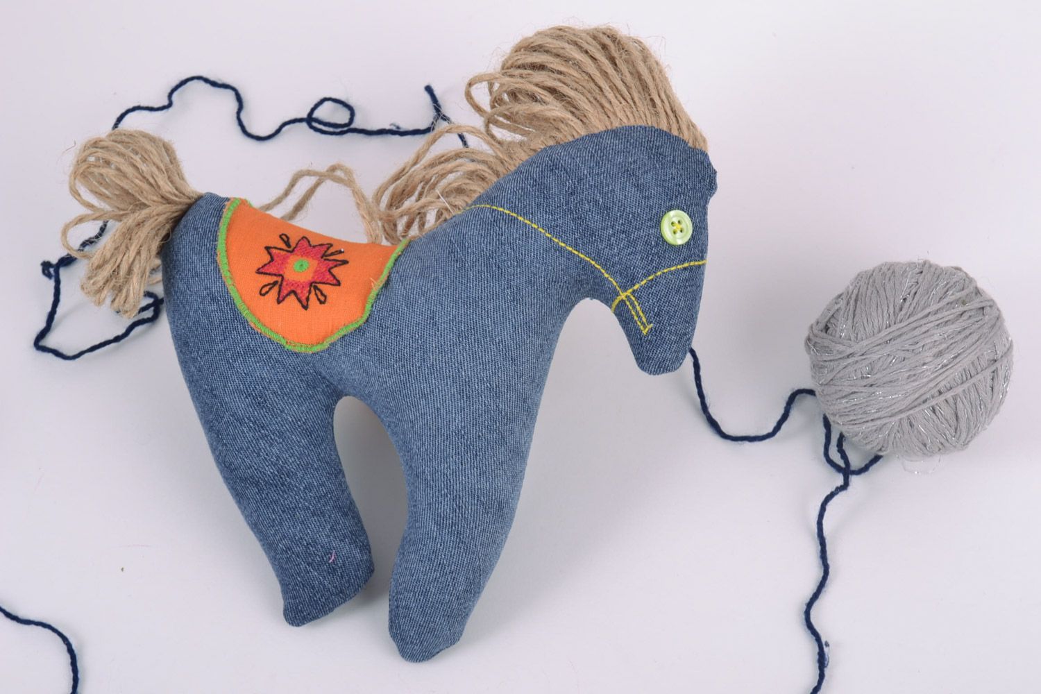 Handmade children's fabric soft toy with buckwheat husk filling Blue Horse  photo 1