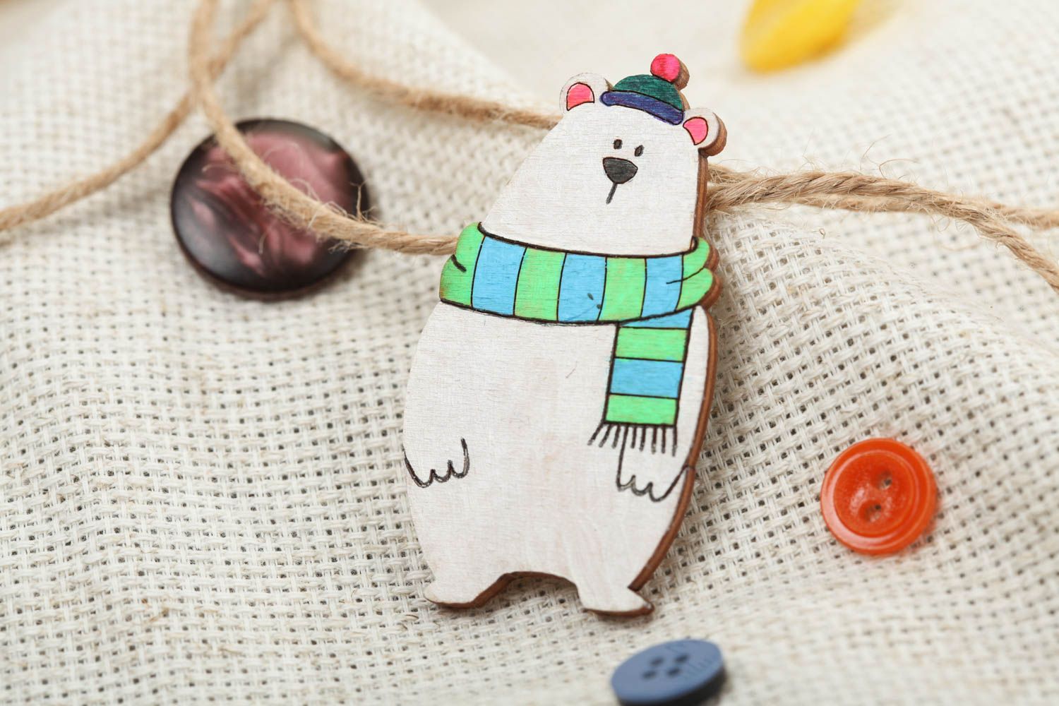 Plywood brooch painted with acrylics white bear handmade accessory for baby photo 1