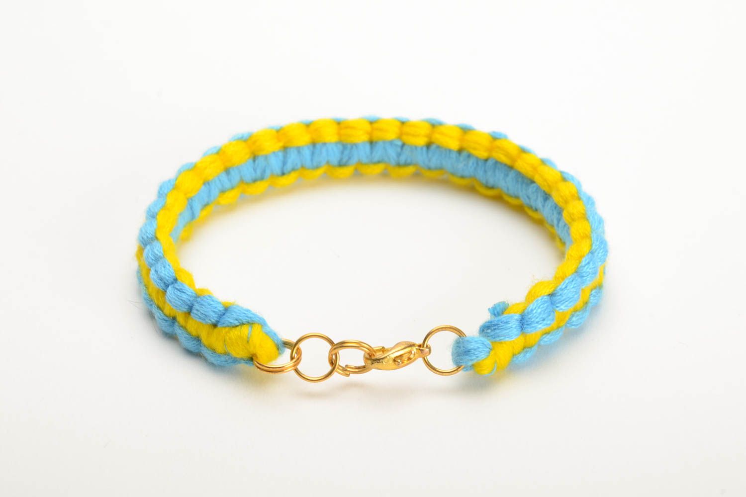 Yellow and blue handmade woven thin embroidery floss bracelet Cobra photo 3