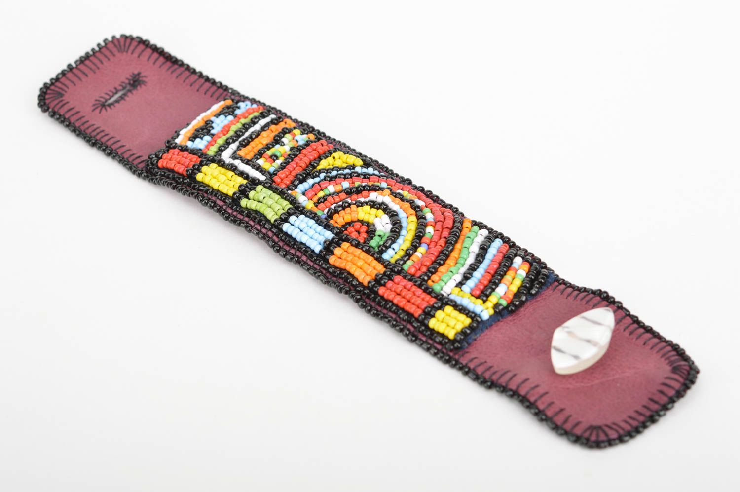 Grelles breites Armband aus Glasperlen auf Leder Basis handmade für Frauen  foto 2