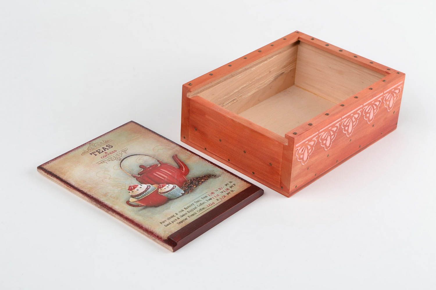 Красивая деревянная коробка в технике декупаж для чая ручной работы оригинальная фото 4