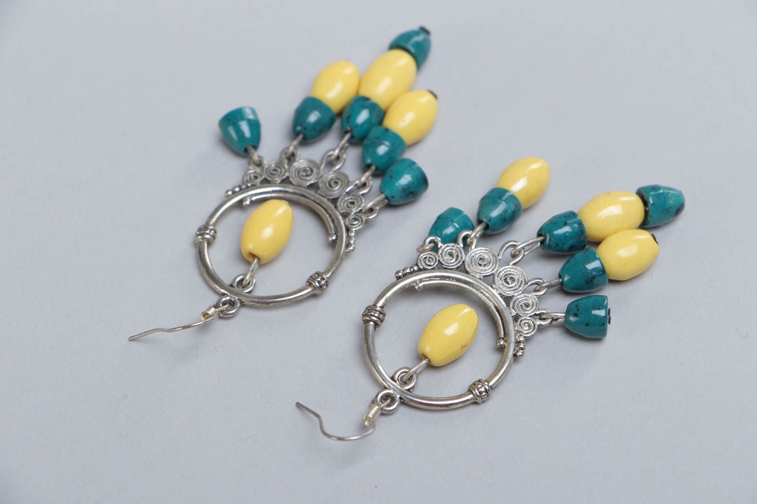 Handmade massive metal earrings with plastic beads photo 4
