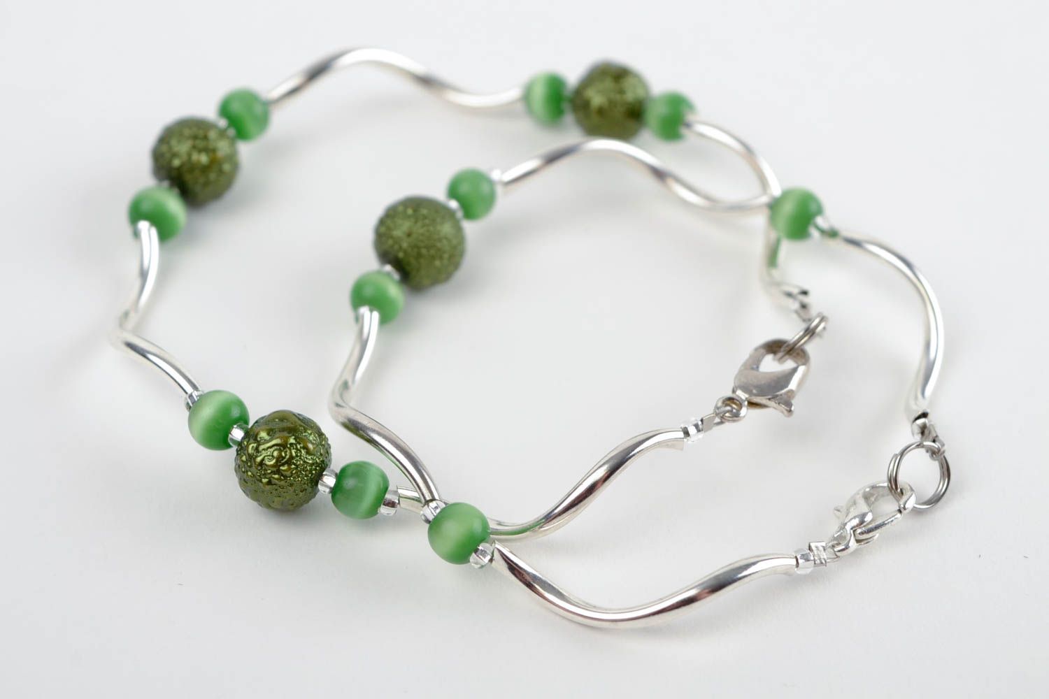 Bracelets fins Bijoux faits main métal perles vertes 2 pièces Cadeau femme photo 5