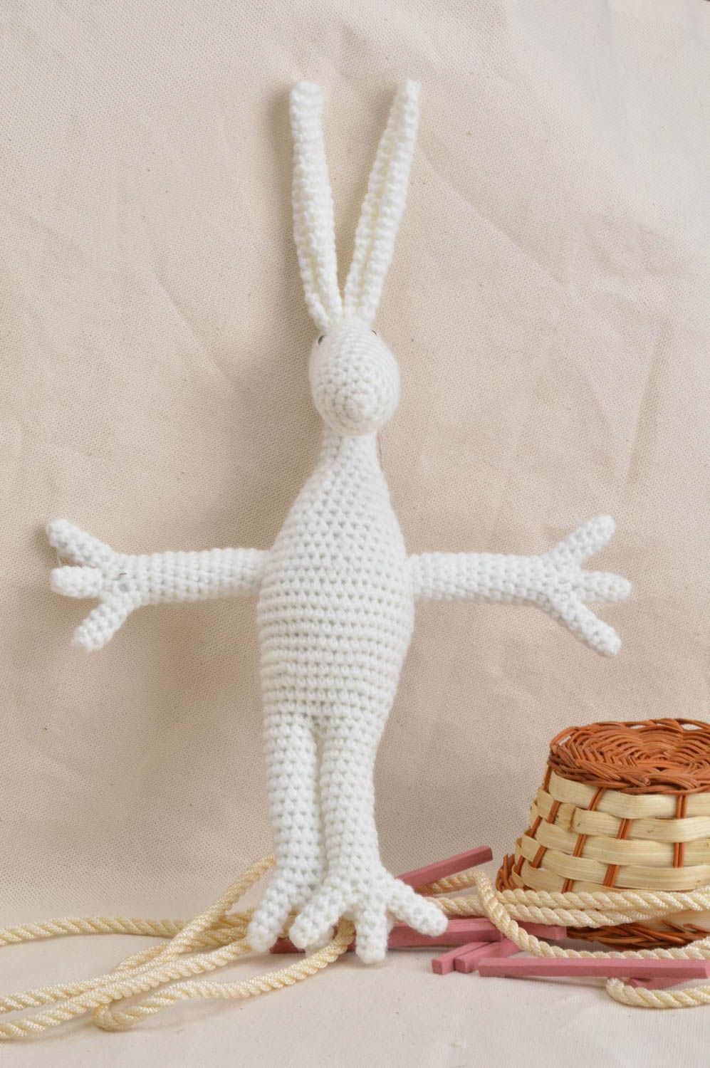 Unusual beautiful handmade white soft toy crocheted of acrylic threads photo 1