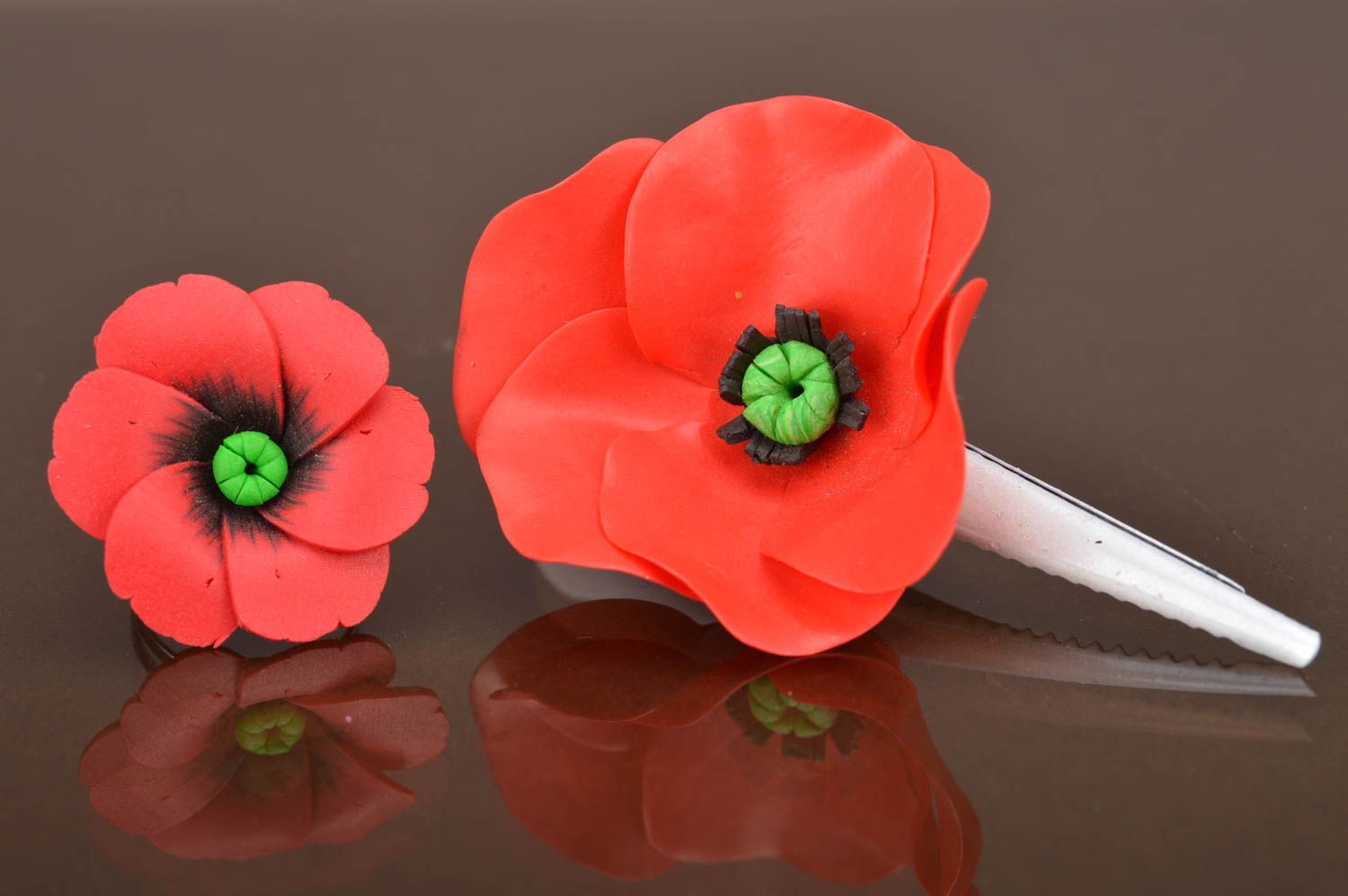 Schmuckset aus Polymer Ton 2 Stück Haarklammer und Ring mit Blumen rot handmade foto 2