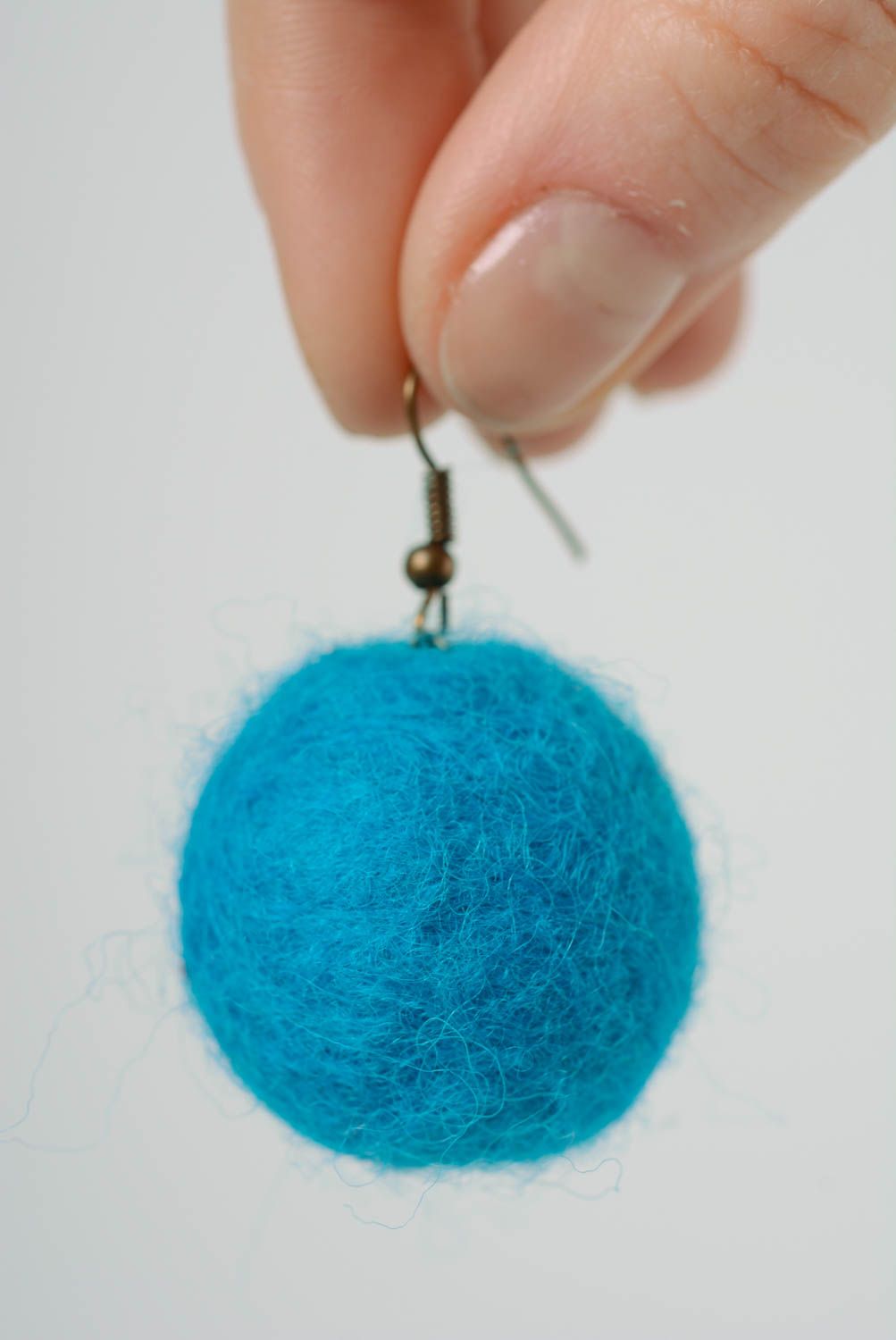 Handmade bright blue ball shaped dangling earrings felted of natural wool photo 3