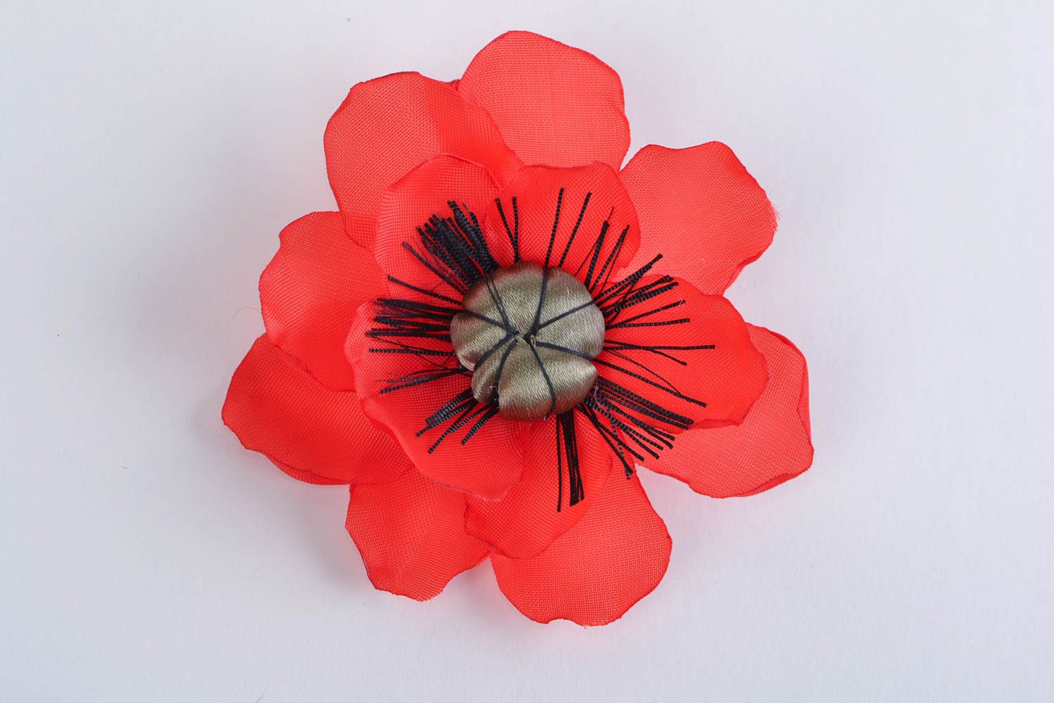 Handmade decorative hair clip with satin ribbon volume flower red Poppy photo 3