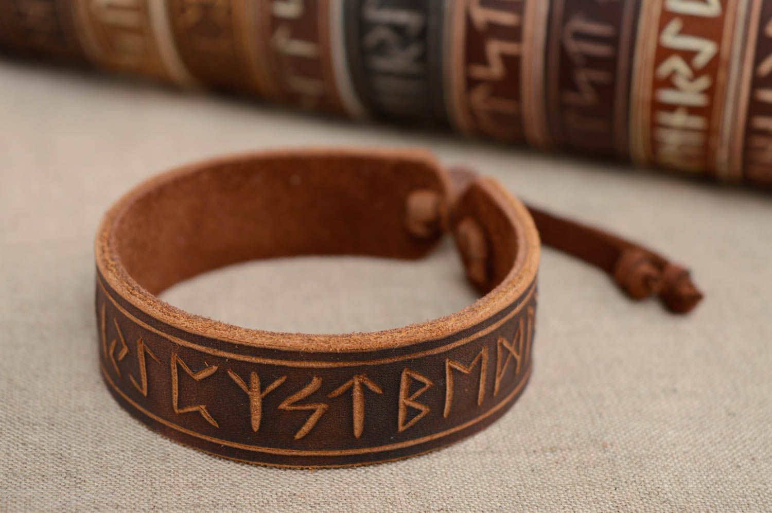 Leather bracelet with runes and ties photo 2