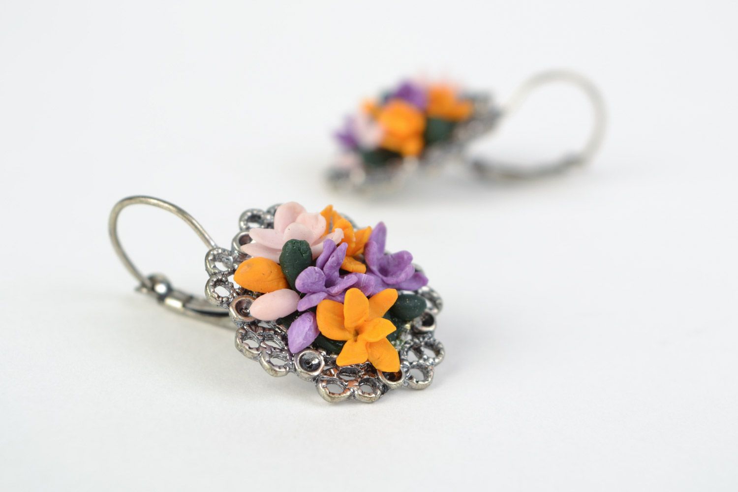 Handmade bright colorful floral cold porcelain dangling earrings for girls photo 1