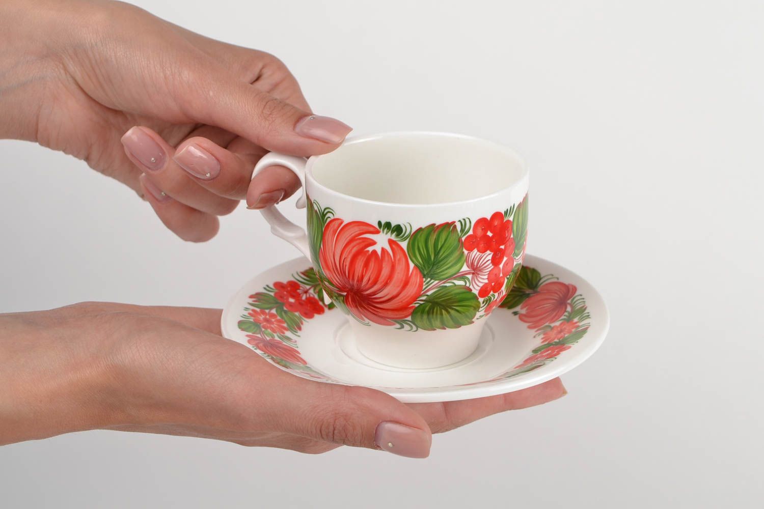 8 oz porcelain teacup with Russian style floral bright pattern photo 2