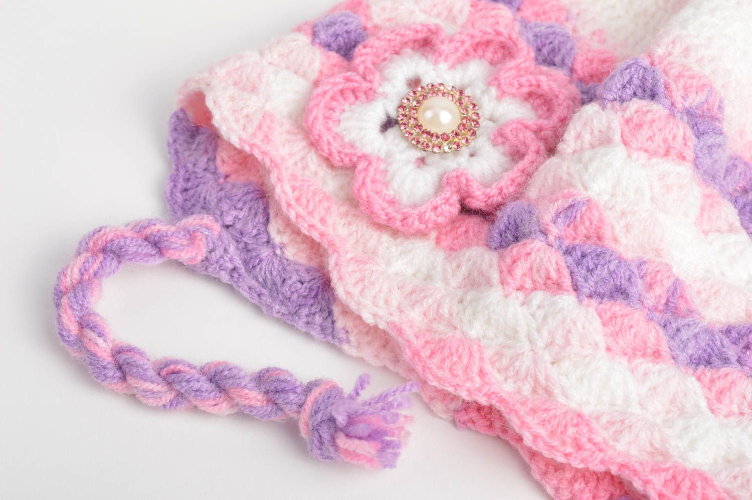 Bonnet tricot fait main Chapeau au crochet laine acrylique rose Vêtement fille photo 5