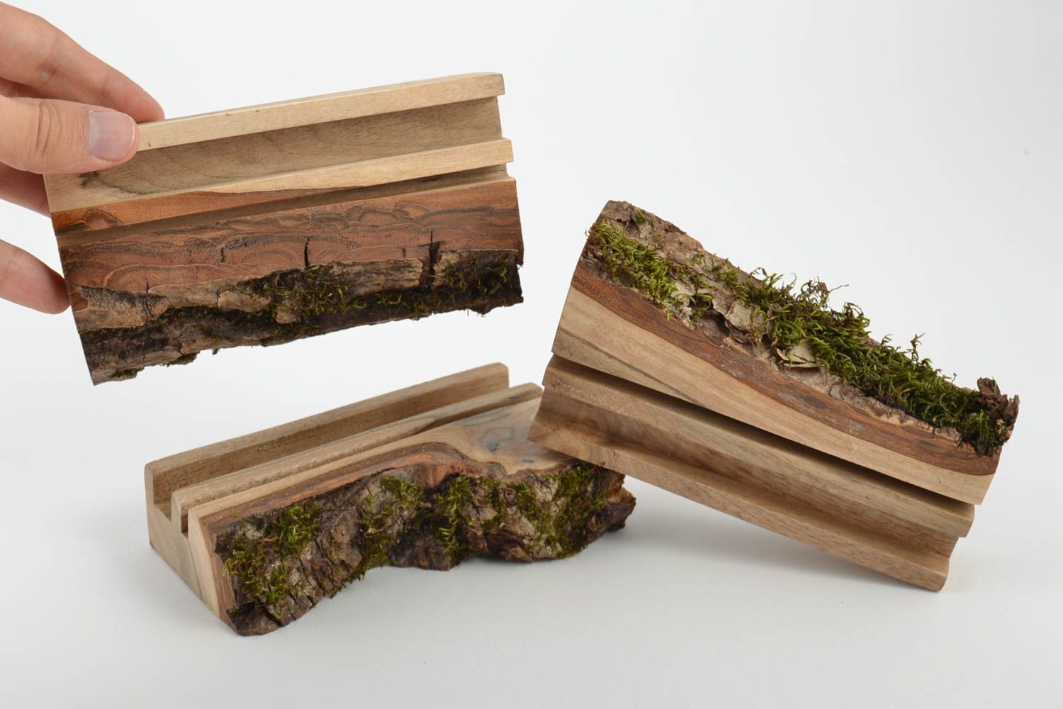 Set of 3 homemade designer desktop wooden tablet holders in eco style photo 5