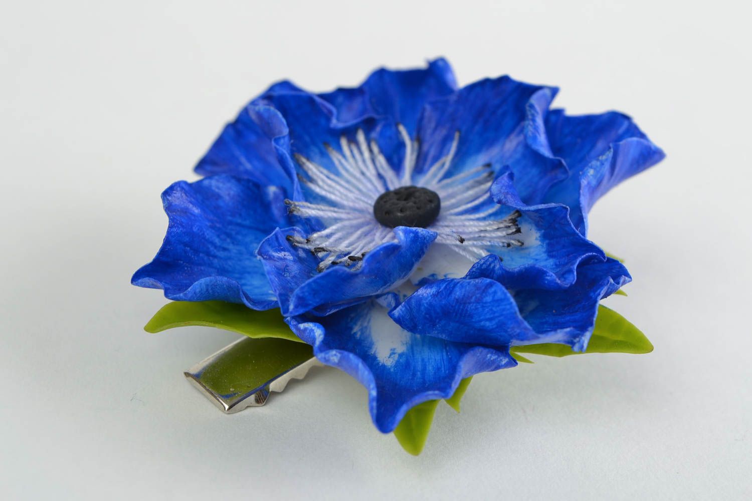 Bright blue handmade cold porcelain flower hair clip Anemone photo 3