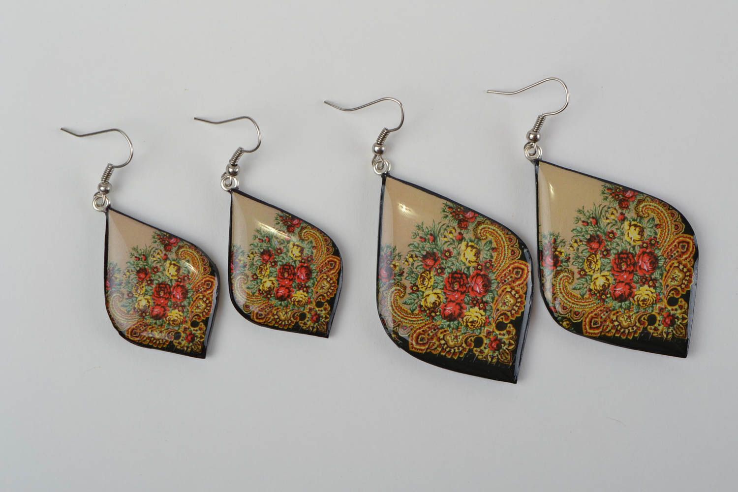 Beautiful homemade designer polymer clay earrings with decoupage 2 pairs photo 4