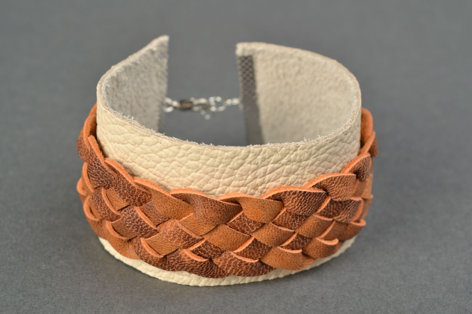 Handmade wide leather bracelet with woven elements photo 3