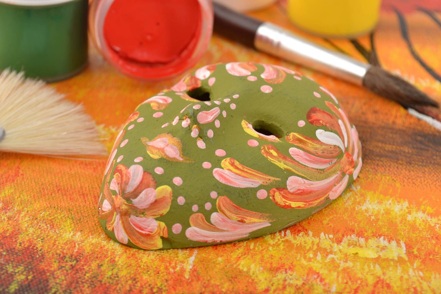 Unusual handmade designer green ceramic fridge magnet carnival mask photo 1