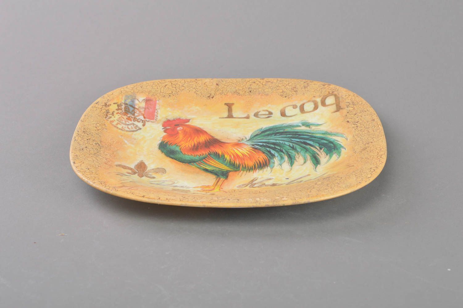 Handmade decorative round designer decoupage glass plate with image of cockerel photo 2