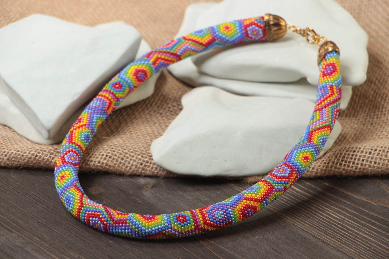 Handmade colorful bright beaded cord necklace for women summer accessory photo 1