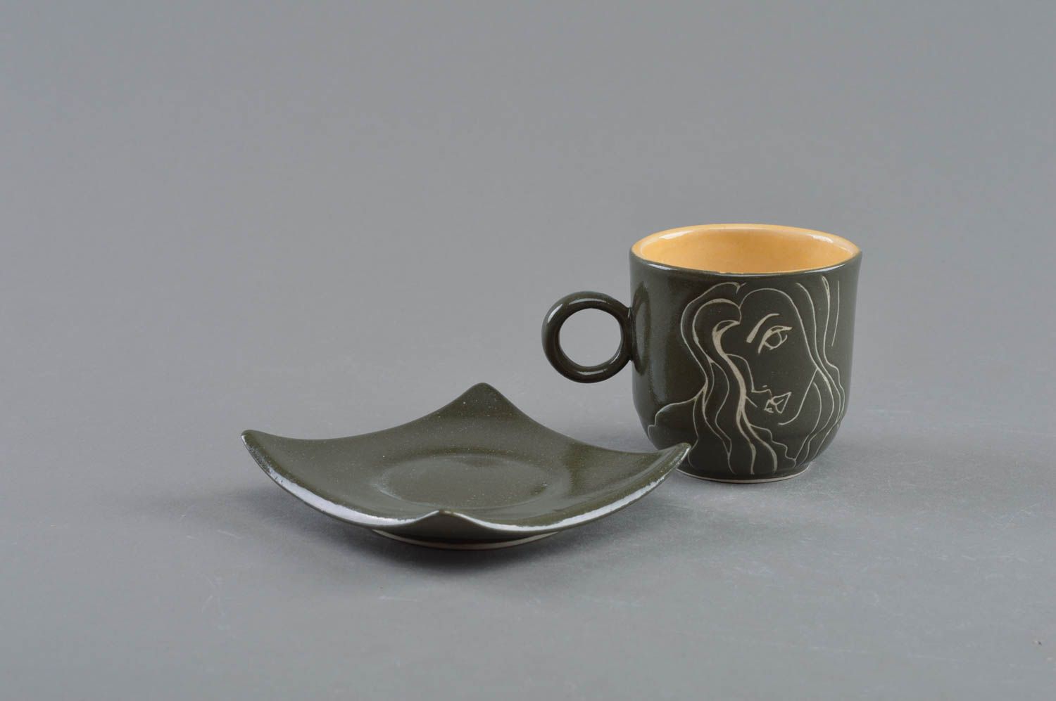 Elegant espresso coffee ceramic dark green color cup with handle and coffee. Great gift for a woman. photo 3