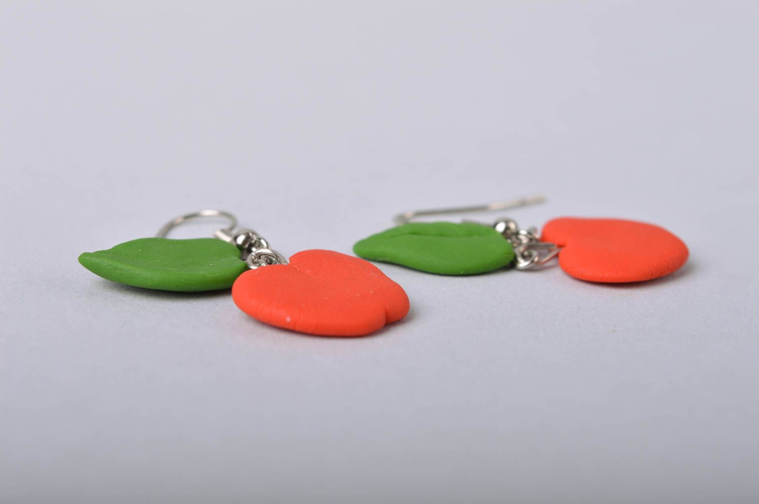 Handmade designer long dangle earrings with cold porcelain red apples photo 4