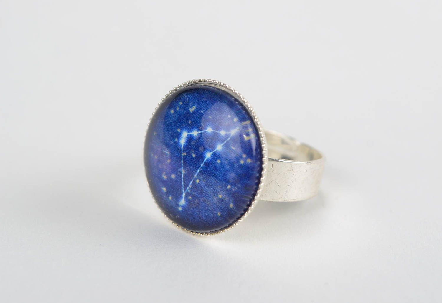 Beautiful handmade blue glass round top zodiac ring on metal basis Capricorn photo 3