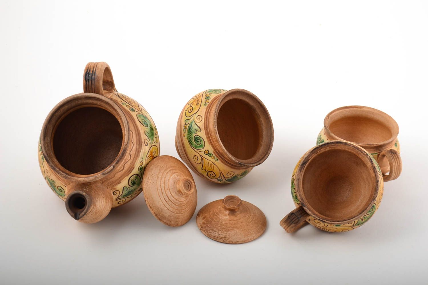 Service à thé céramique fait main 4 pièces marron peint Vaisselle originale photo 5