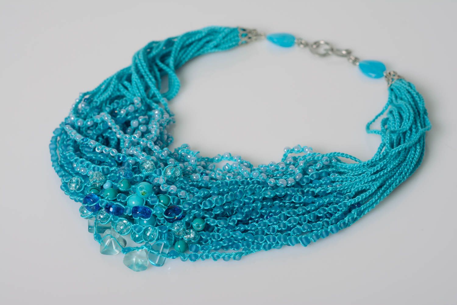 Beautiful blue handmade designer beaded necklace on the basis of cotton threads photo 1