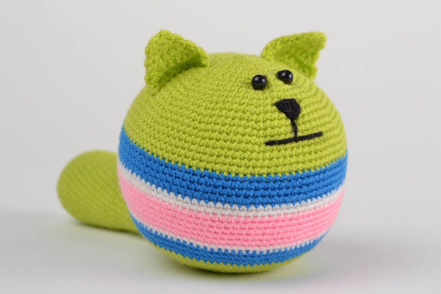 Handmade anti-stress soft toy crocheted of acrylic threads ball shaped green cat photo 1