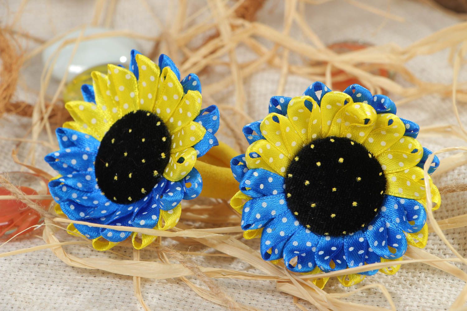 Set of 2 decorative hair bands with satin sunflowers of yellow and blue colors photo 1