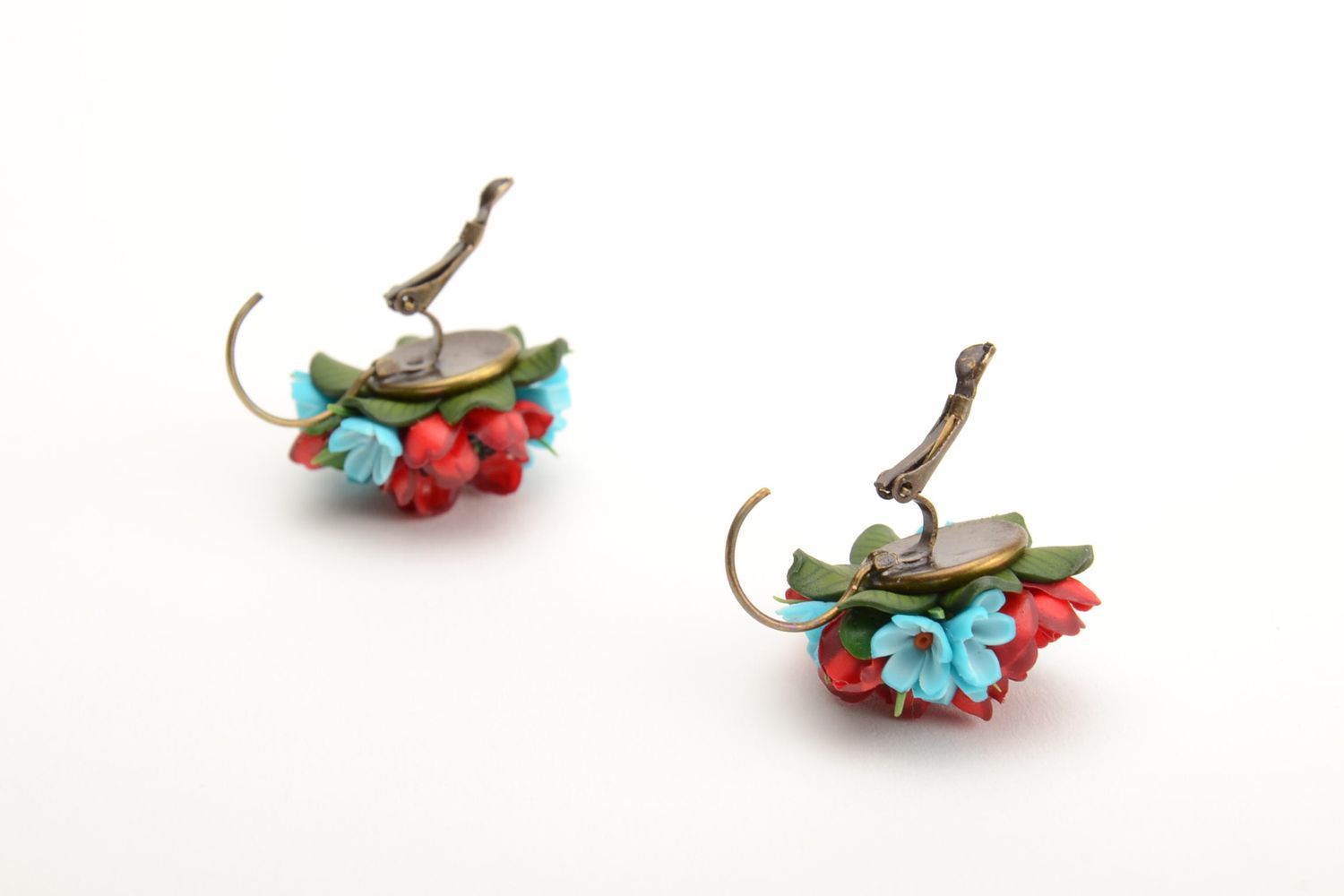 Set de bijoux en pâte polymère faits main boucles d'oreilles et bague rouge bleu photo 2