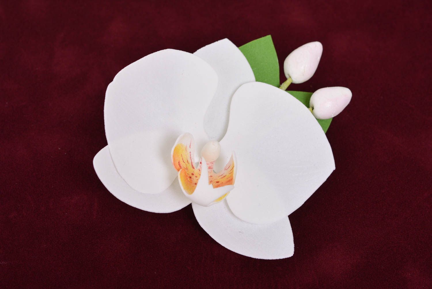 Designer hair clip brooch with handmade foamiran flower white orchid photo 4