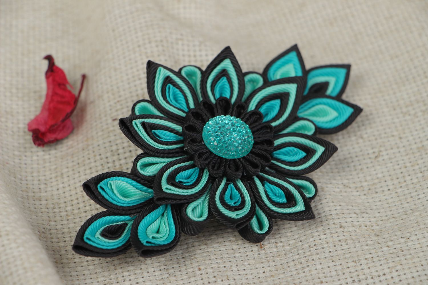 Black and turquoise handmade hair clip with kanzashi flower made of rep ribbons photo 5