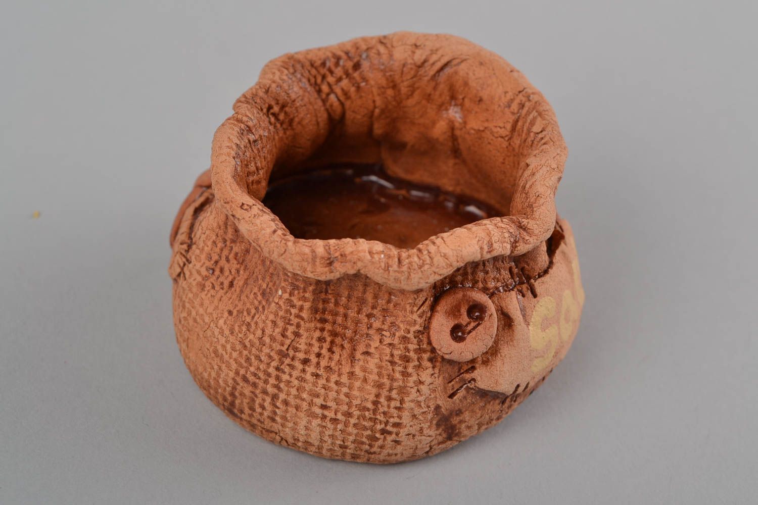 Handmade decorative small eco friendly ceramic salt cellar in the shape of bag photo 5