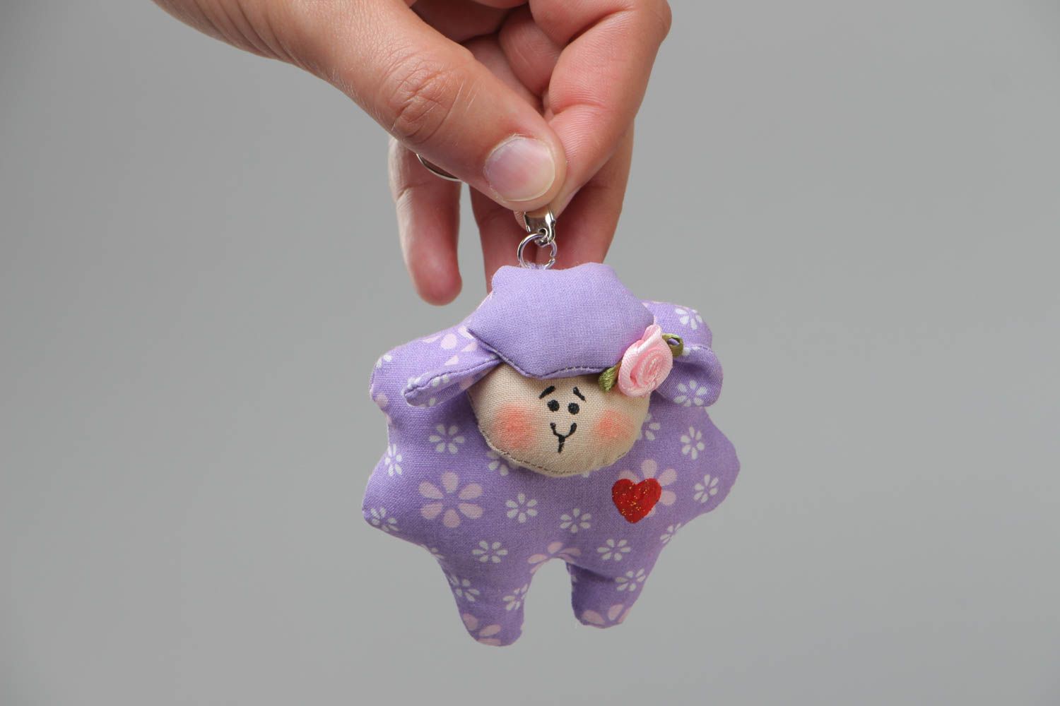 Handmade small soft toy keychain sewn of violet cotton fabric Lamb with red heart photo 5