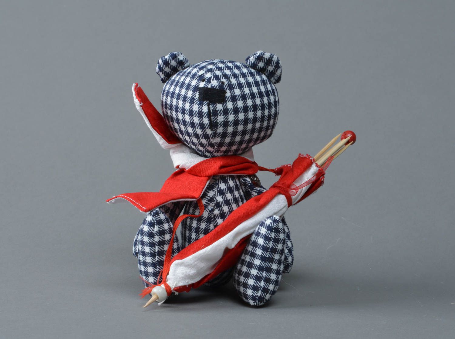 Handmade black and white checkered fabric soft toy bear with red umbrella and bow photo 1