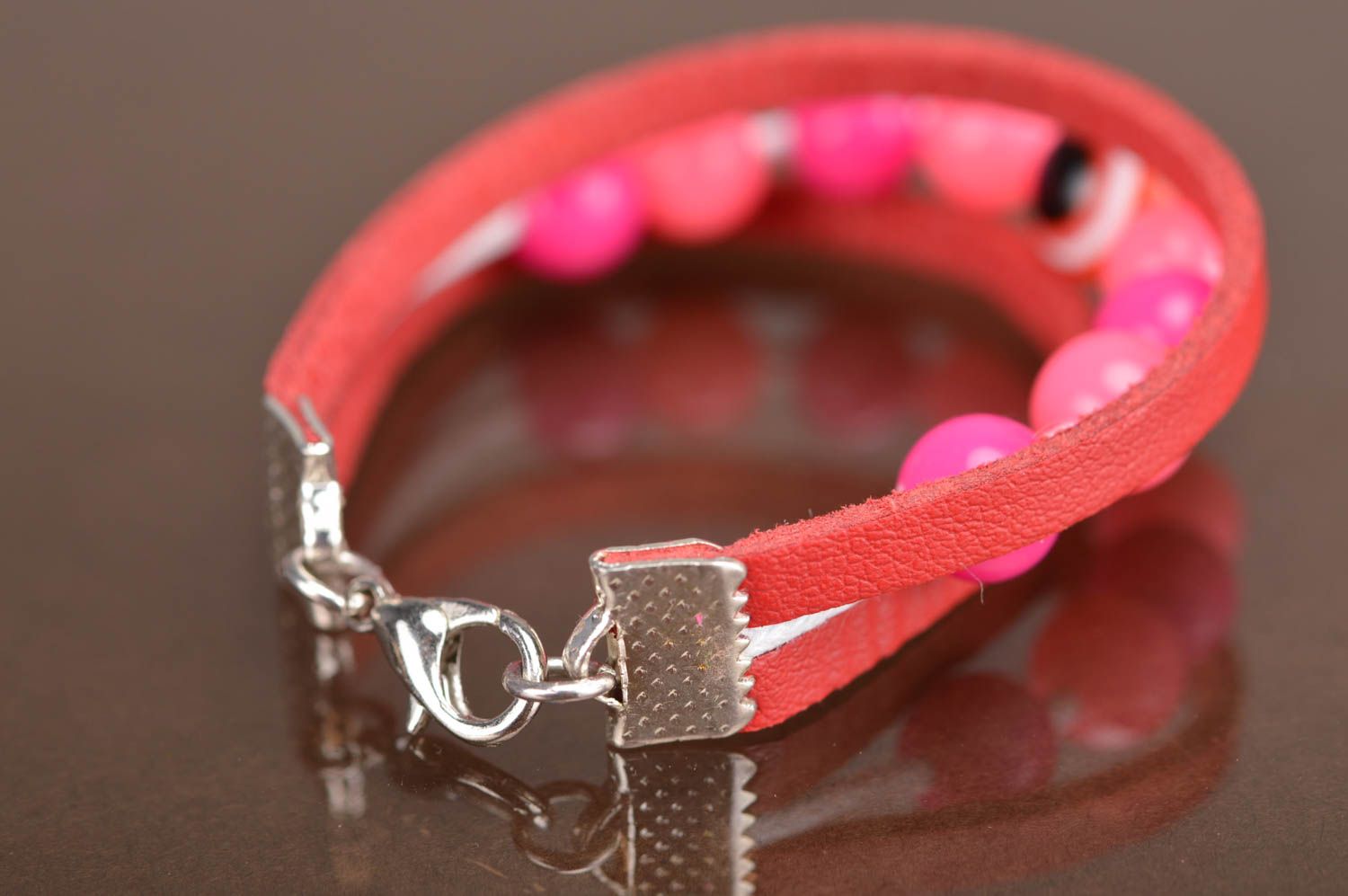 Red and pink handmade designer children's leather bracelet with beads photo 4