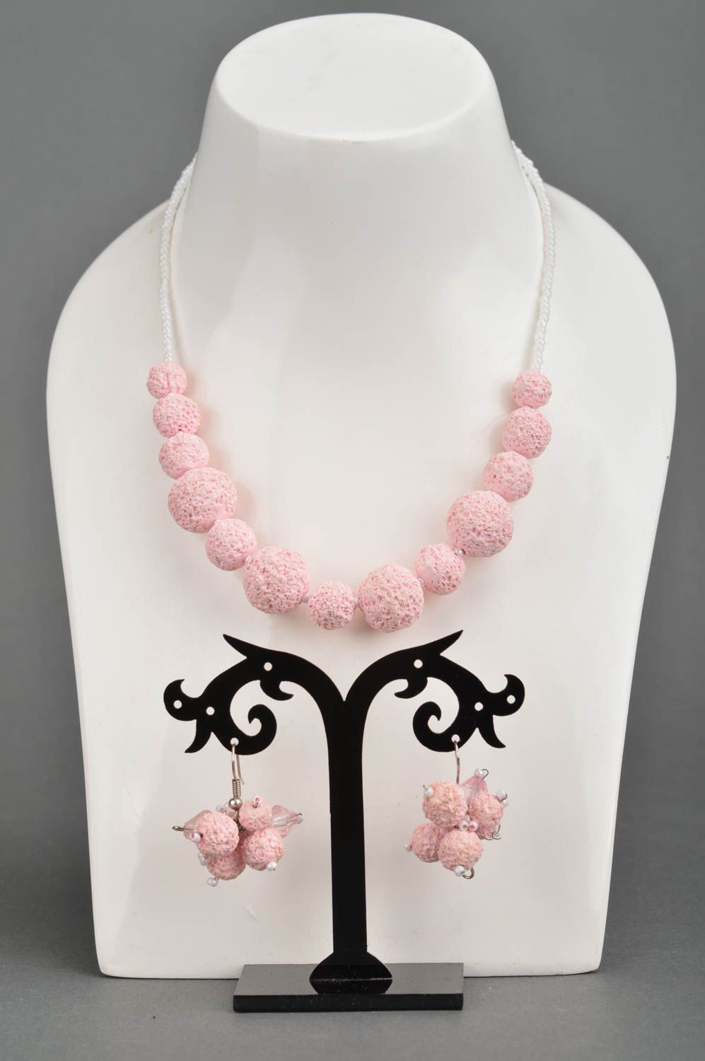 Set of handmade pink jewelry made of polymer clay necklace and earrings photo 1