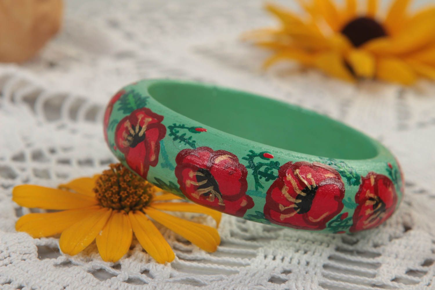 Bracelet en bois vert motif floral Bijou fait main original Cadeau femme photo 2