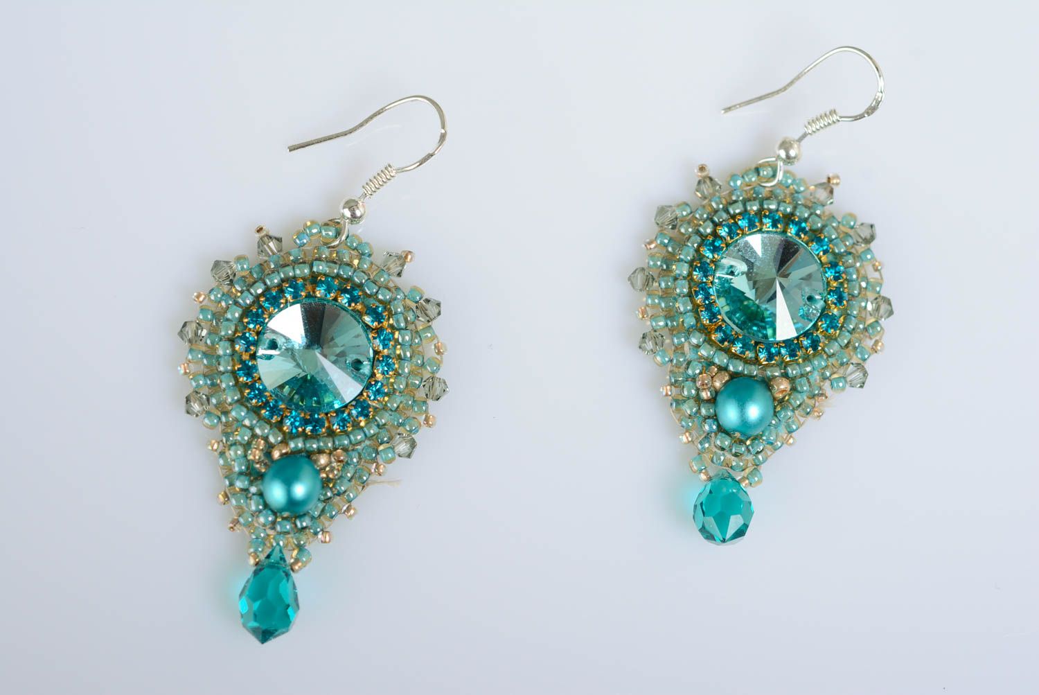 Handmade designer festive blue bead embroidered earrings with rhinestones photo 1