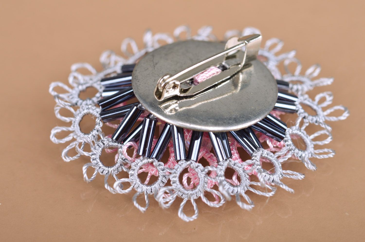 Handmade textile woven tatting flower brooch of gray and pink colors photo 5