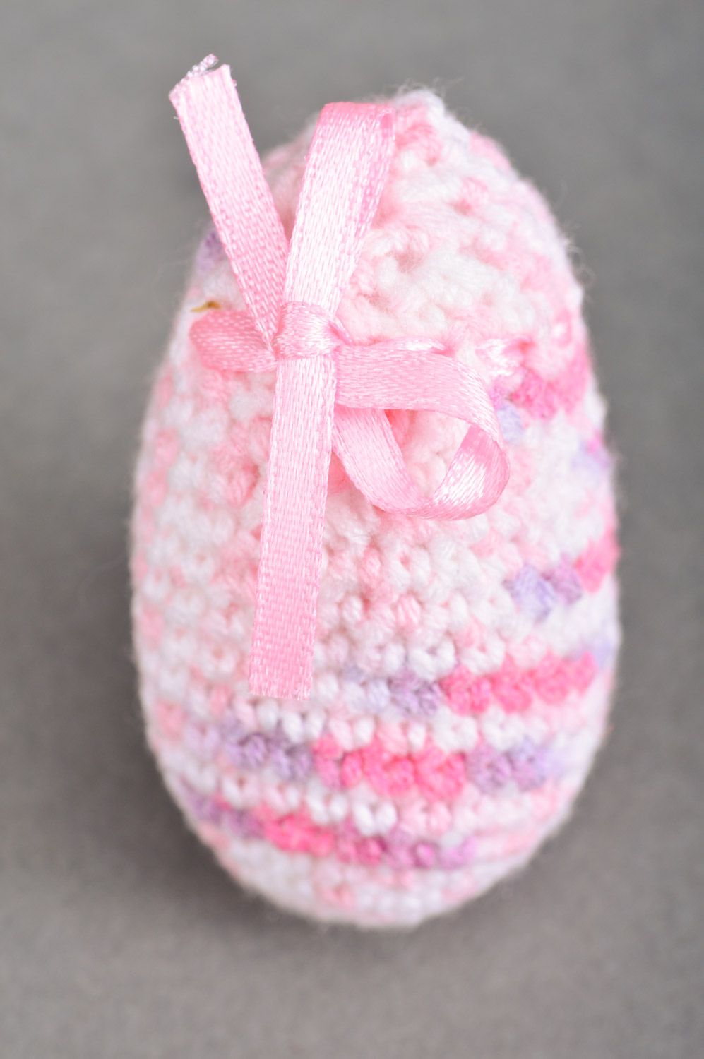 Handmade decorative soft Easter egg crocheted of pink threads with bow photo 5