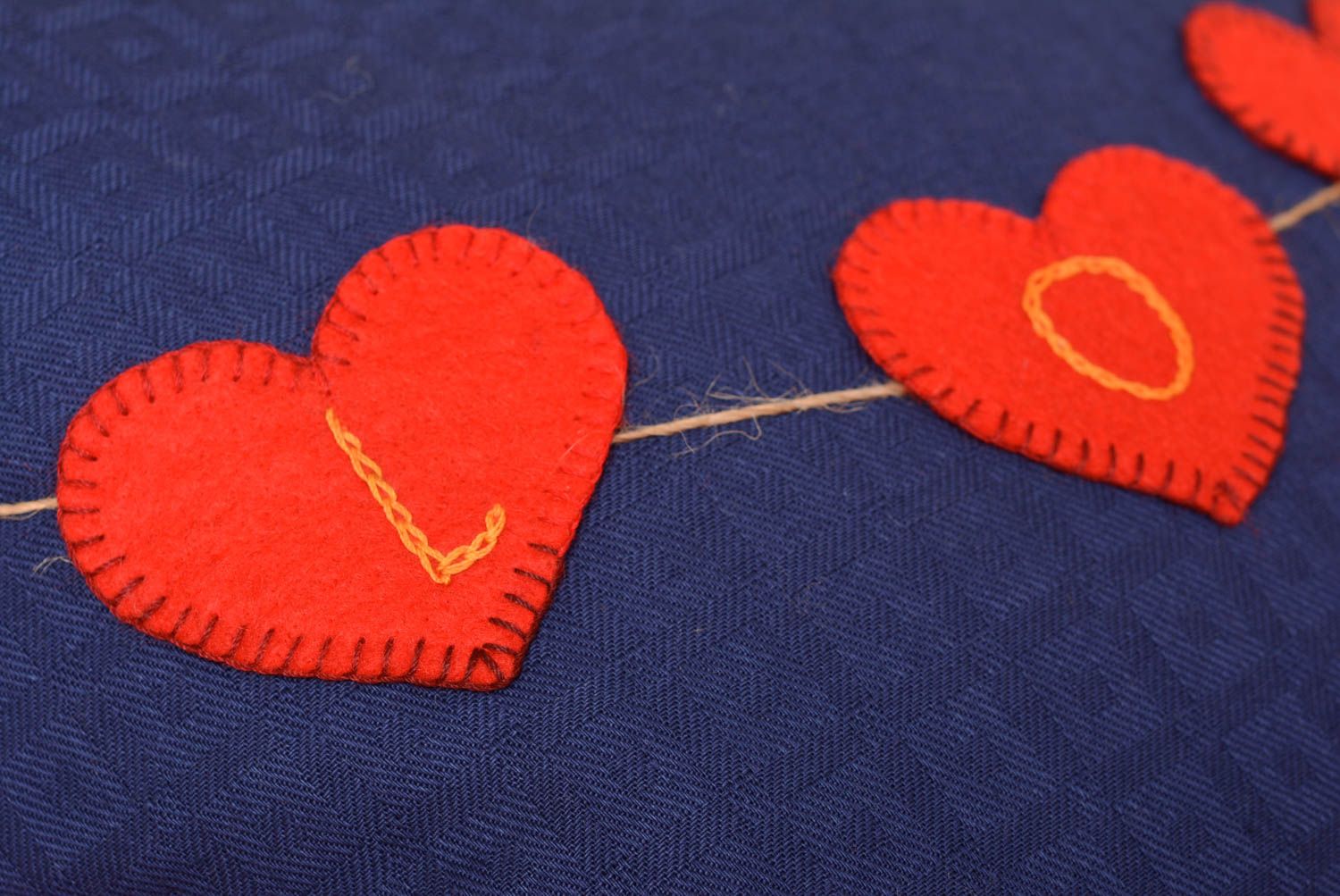 Handmade designer square dark blue satin pillow case with red hearts Love photo 2