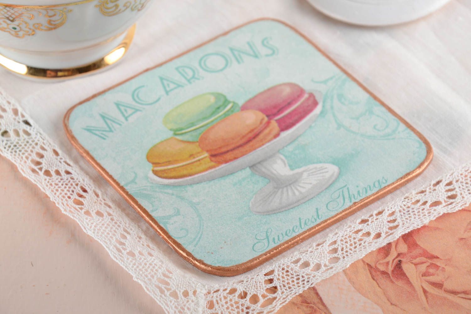 Dessous-de-verre fait main Décoration de cuisine carrée Macarons Art de la table photo 1