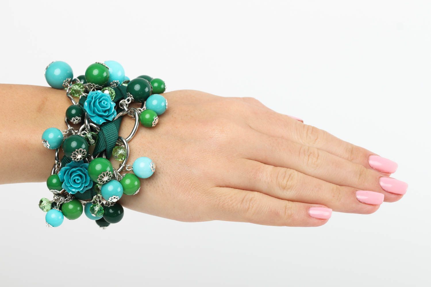 Bracelet fantaisie Bijou fait main large vert-bleu original Cadeau femme photo 1