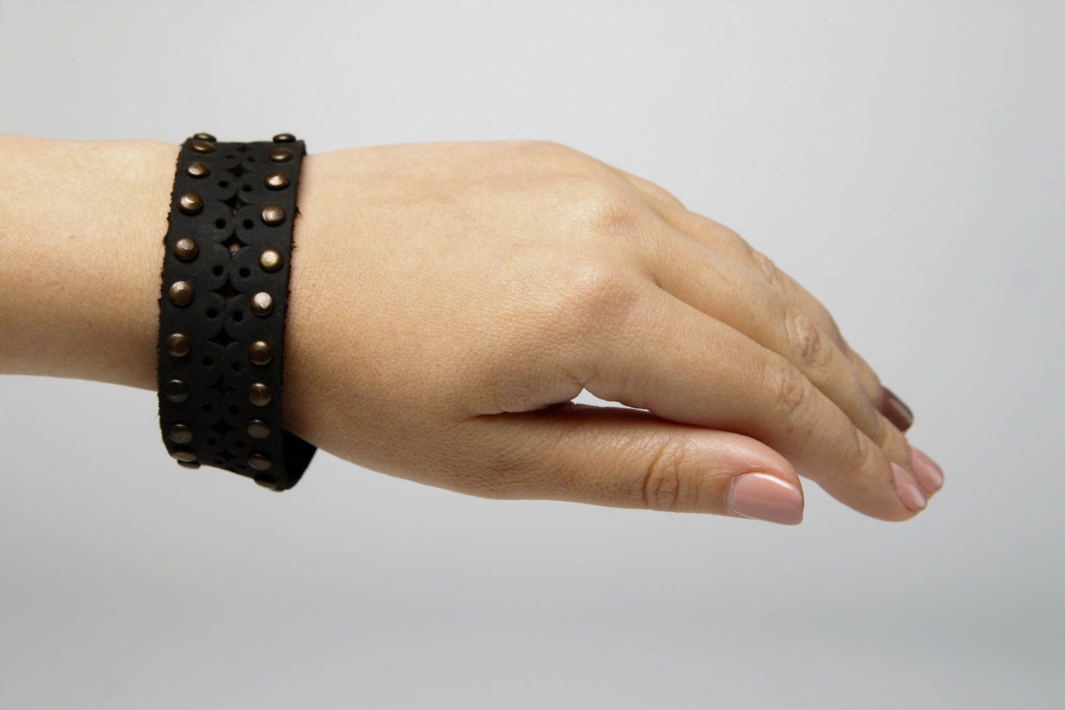 Handmade black stylish bracelet leather wrist accessory female jewelry photo 2