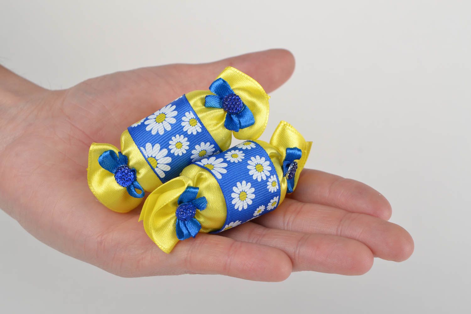Bright handmade designer textile ribbon hair ties set 2 pieces blue and yellow photo 2
